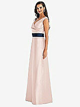 Side View Thumbnail - Blush & Midnight Navy Off-the-Shoulder Draped Wrap Satin Maxi Dress