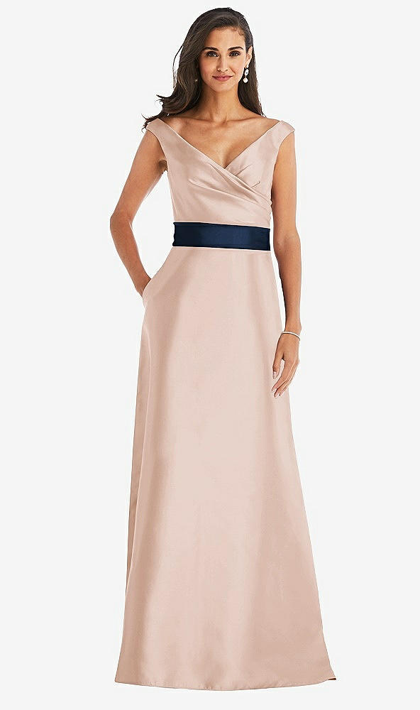 Front View - Cameo & Midnight Navy Off-the-Shoulder Draped Wrap Satin Maxi Dress
