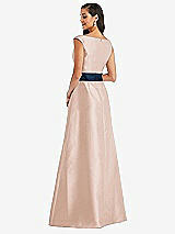 Rear View Thumbnail - Cameo & Midnight Navy Off-the-Shoulder Draped Wrap Satin Maxi Dress