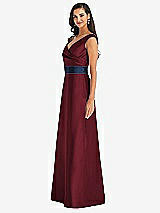 Side View Thumbnail - Cabernet & Midnight Navy Off-the-Shoulder Draped Wrap Satin Maxi Dress
