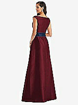 Rear View Thumbnail - Cabernet & Midnight Navy Off-the-Shoulder Draped Wrap Satin Maxi Dress