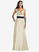 Front View Thumbnail - Champagne & Midnight Navy Off-the-Shoulder Draped Wrap Satin Maxi Dress