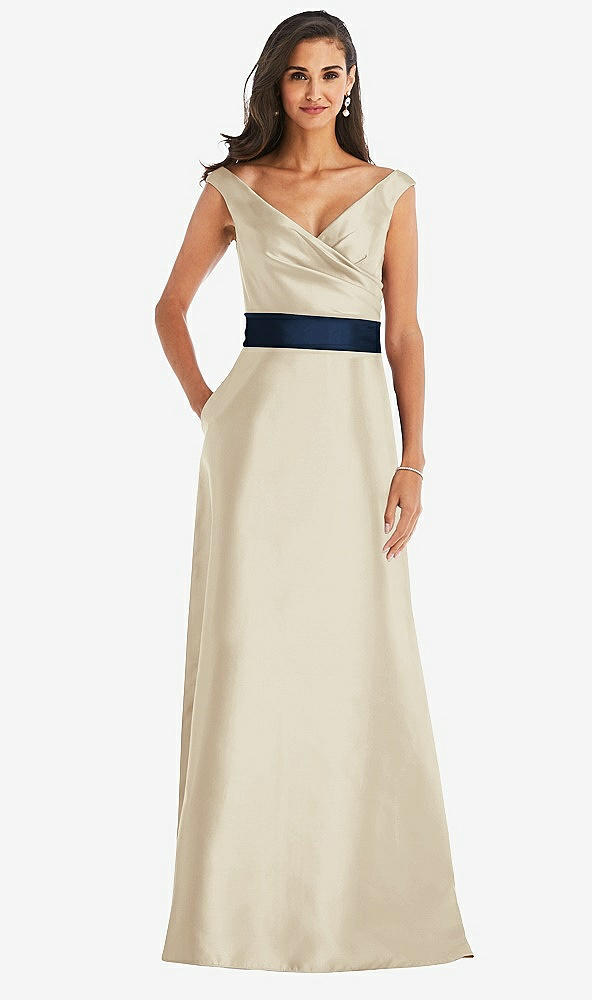 Front View - Champagne & Midnight Navy Off-the-Shoulder Draped Wrap Satin Maxi Dress
