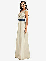 Side View Thumbnail - Champagne & Midnight Navy Off-the-Shoulder Draped Wrap Satin Maxi Dress