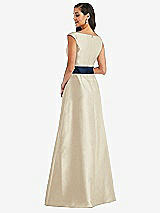 Rear View Thumbnail - Champagne & Midnight Navy Off-the-Shoulder Draped Wrap Satin Maxi Dress
