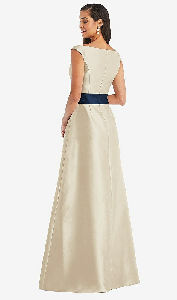 Back View - Champagne & Midnight Navy Off-the-Shoulder Draped Wrap Satin Maxi Dress