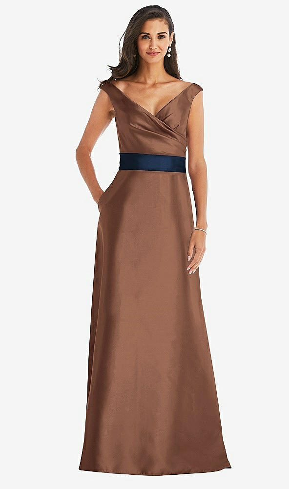 Front View - Cognac & Midnight Navy Off-the-Shoulder Draped Wrap Satin Maxi Dress