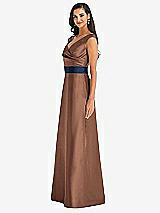 Side View Thumbnail - Cognac & Midnight Navy Off-the-Shoulder Draped Wrap Satin Maxi Dress