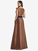 Rear View Thumbnail - Cognac & Midnight Navy Off-the-Shoulder Draped Wrap Satin Maxi Dress