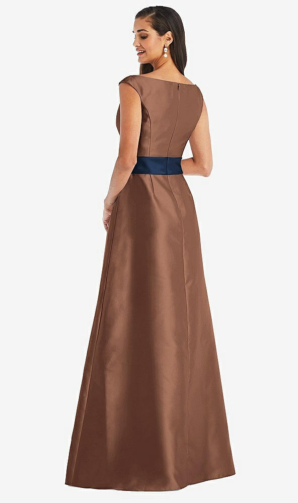 Back View - Cognac & Midnight Navy Off-the-Shoulder Draped Wrap Satin Maxi Dress