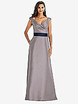 Front View Thumbnail - Cashmere Gray & Midnight Navy Off-the-Shoulder Draped Wrap Satin Maxi Dress