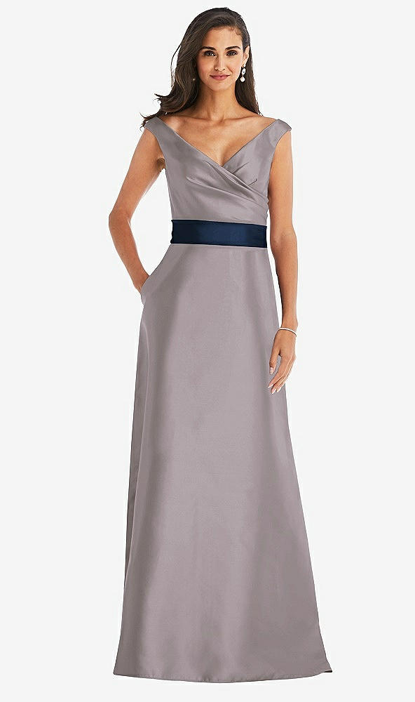 Front View - Cashmere Gray & Midnight Navy Off-the-Shoulder Draped Wrap Satin Maxi Dress