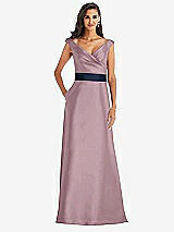 Front View Thumbnail - Dusty Rose & Midnight Navy Off-the-Shoulder Draped Wrap Satin Maxi Dress