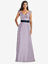 Front View Thumbnail - Lilac Haze & Midnight Navy Off-the-Shoulder Draped Wrap Satin Maxi Dress