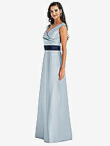 Side View Thumbnail - Mist & Midnight Navy Off-the-Shoulder Draped Wrap Satin Maxi Dress