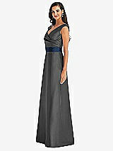 Side View Thumbnail - Pewter & Midnight Navy Off-the-Shoulder Draped Wrap Satin Maxi Dress