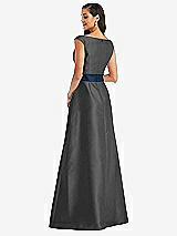 Rear View Thumbnail - Pewter & Midnight Navy Off-the-Shoulder Draped Wrap Satin Maxi Dress