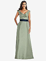 Front View Thumbnail - Sage & Midnight Navy Off-the-Shoulder Draped Wrap Satin Maxi Dress
