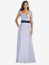 Front View Thumbnail - Silver Dove & Midnight Navy Off-the-Shoulder Draped Wrap Satin Maxi Dress