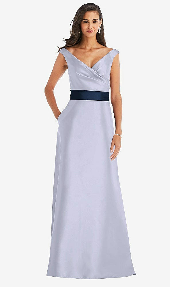 Front View - Silver Dove & Midnight Navy Off-the-Shoulder Draped Wrap Satin Maxi Dress