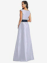 Rear View Thumbnail - Silver Dove & Midnight Navy Off-the-Shoulder Draped Wrap Satin Maxi Dress
