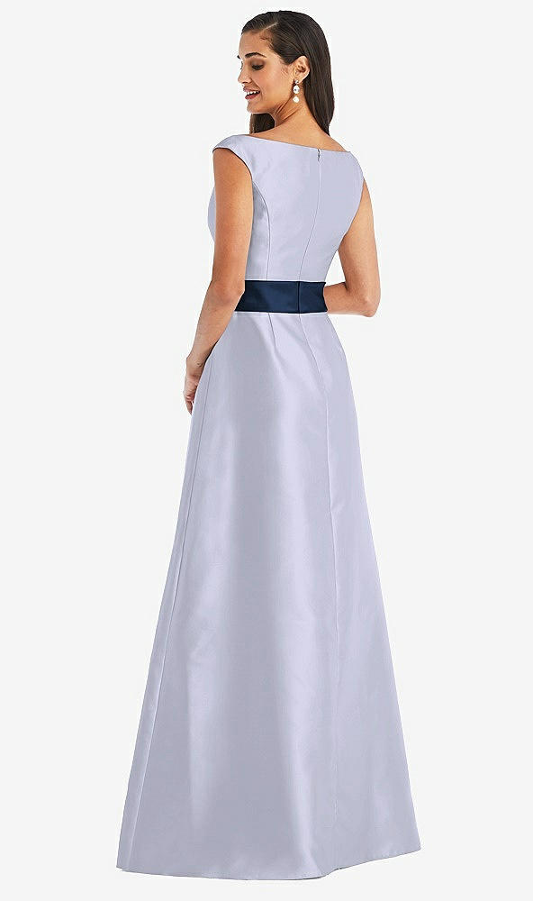 Back View - Silver Dove & Midnight Navy Off-the-Shoulder Draped Wrap Satin Maxi Dress