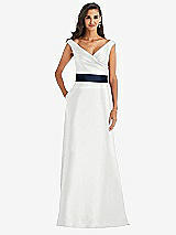 Front View Thumbnail - White & Midnight Navy Off-the-Shoulder Draped Wrap Satin Maxi Dress