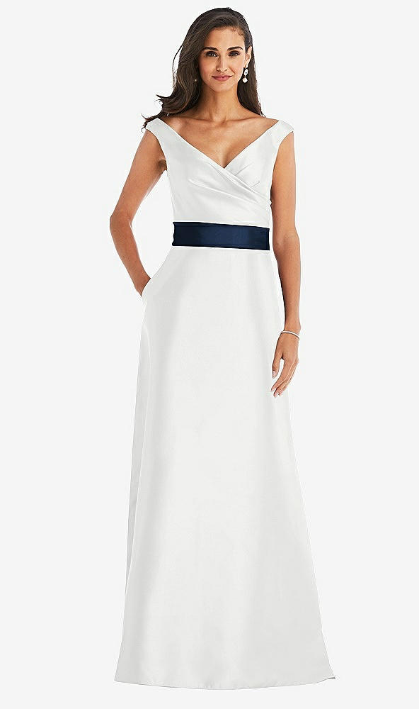Front View - White & Midnight Navy Off-the-Shoulder Draped Wrap Satin Maxi Dress