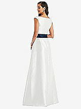 Rear View Thumbnail - White & Midnight Navy Off-the-Shoulder Draped Wrap Satin Maxi Dress