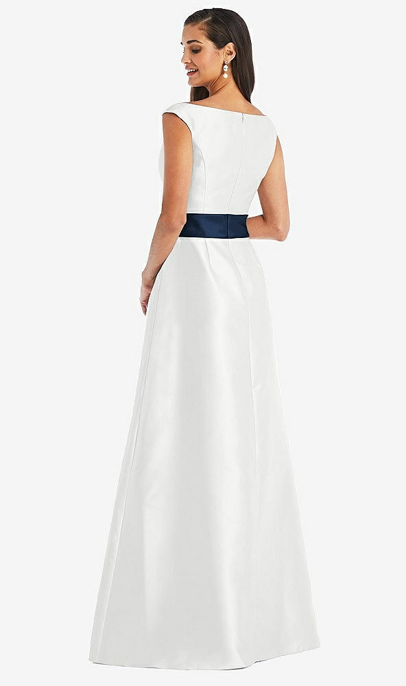 Back View - White & Midnight Navy Off-the-Shoulder Draped Wrap Satin Maxi Dress