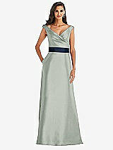 Front View Thumbnail - Willow Green & Midnight Navy Off-the-Shoulder Draped Wrap Satin Maxi Dress