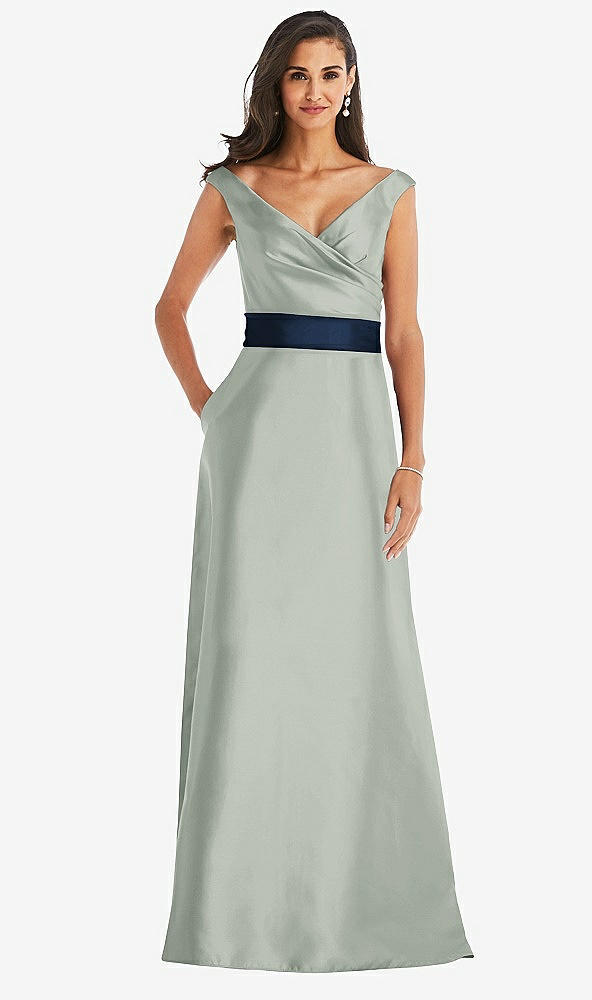 Front View - Willow Green & Midnight Navy Off-the-Shoulder Draped Wrap Satin Maxi Dress