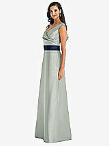 Side View Thumbnail - Willow Green & Midnight Navy Off-the-Shoulder Draped Wrap Satin Maxi Dress