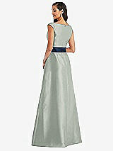 Rear View Thumbnail - Willow Green & Midnight Navy Off-the-Shoulder Draped Wrap Satin Maxi Dress