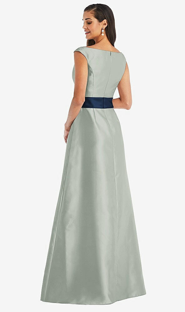 Back View - Willow Green & Midnight Navy Off-the-Shoulder Draped Wrap Satin Maxi Dress