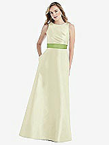 Front View Thumbnail - Butter Yellow & Mojito High-Neck Asymmetrical Shirred Satin Maxi Dress with Pockets