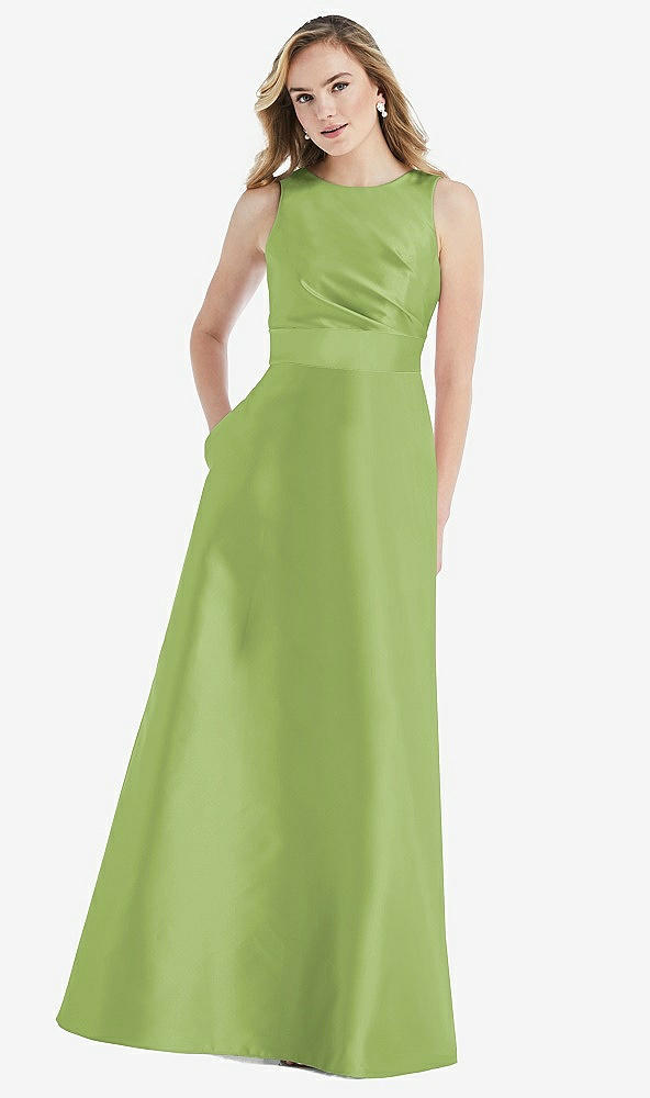Front View - Mojito & Mojito High-Neck Asymmetrical Shirred Satin Maxi Dress with Pockets