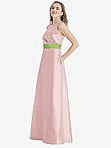 Side View Thumbnail - Ballet Pink & Mojito High-Neck Asymmetrical Shirred Satin Maxi Dress with Pockets