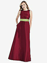 Front View Thumbnail - Burgundy & Mojito High-Neck Asymmetrical Shirred Satin Maxi Dress with Pockets