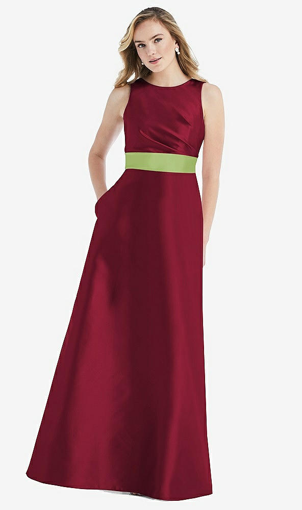 Front View - Burgundy & Mojito High-Neck Asymmetrical Shirred Satin Maxi Dress with Pockets