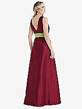 Rear View Thumbnail - Burgundy & Mojito High-Neck Asymmetrical Shirred Satin Maxi Dress with Pockets