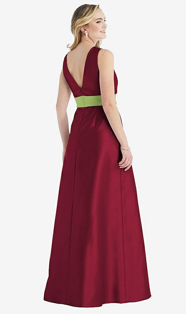 Back View - Burgundy & Mojito High-Neck Asymmetrical Shirred Satin Maxi Dress with Pockets