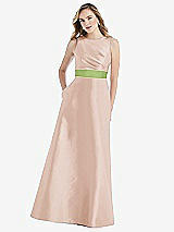 Front View Thumbnail - Cameo & Mojito High-Neck Asymmetrical Shirred Satin Maxi Dress with Pockets