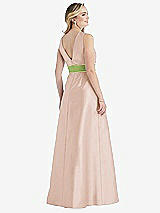 Rear View Thumbnail - Cameo & Mojito High-Neck Asymmetrical Shirred Satin Maxi Dress with Pockets