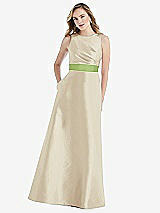 Front View Thumbnail - Champagne & Mojito High-Neck Asymmetrical Shirred Satin Maxi Dress with Pockets