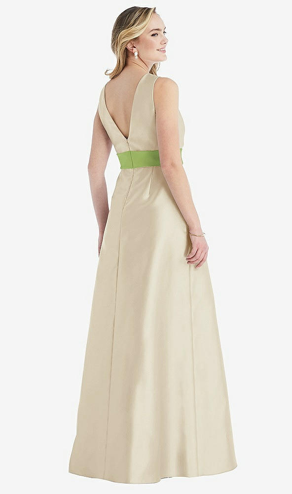 Back View - Champagne & Mojito High-Neck Asymmetrical Shirred Satin Maxi Dress with Pockets