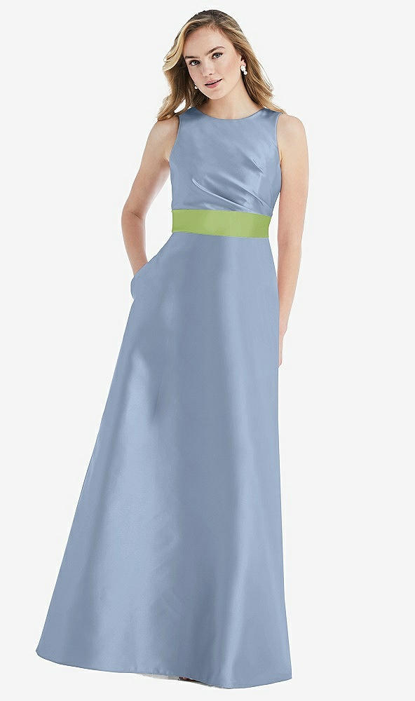 Front View - Cloudy & Mojito High-Neck Asymmetrical Shirred Satin Maxi Dress with Pockets