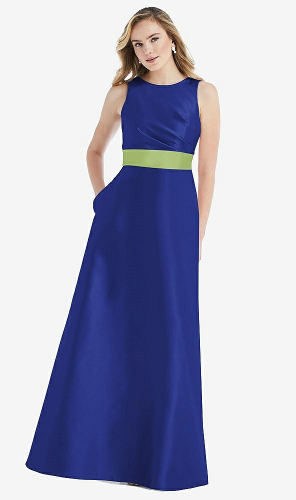 Front View - Cobalt Blue & Mojito High-Neck Asymmetrical Shirred Satin Maxi Dress with Pockets
