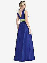 Rear View Thumbnail - Cobalt Blue & Mojito High-Neck Asymmetrical Shirred Satin Maxi Dress with Pockets