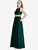 Side View Thumbnail - Evergreen & Mojito High-Neck Asymmetrical Shirred Satin Maxi Dress with Pockets